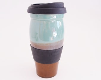 IN STOCK, Large Ceramic Travel Mug with Silicone Lid and Sleeve, Brown Green Lidded Pottery Mug, 24 oz Stoneware Coffee Mug, Clay To Go Mug