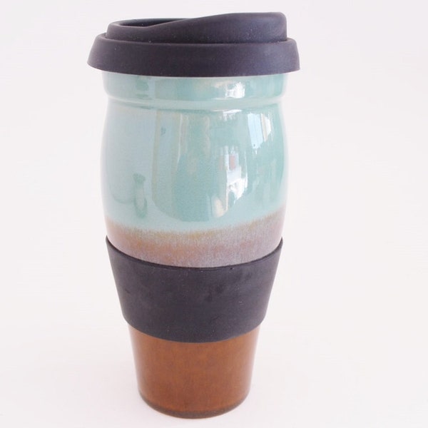 IN STOCK, Large Ceramic Travel Mug with Silicone Lid and Sleeve, Brown Green Lidded Pottery Mug, 24 oz Stoneware Coffee Mug, Clay To Go Mug