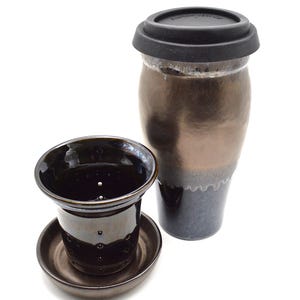 Bronze Glazed Ceramic Travel Mug with Infuser Lid - 24oz Pottery Tea Set Gift