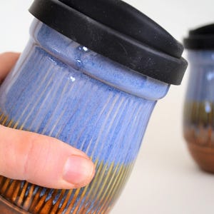 In Stock, Small Blue Brown Ceramic Travel Mug with Silicone Lid, 14 oz Stoneware Coffee Mug, Blue Brown Eco Mug, Handmade Clay Travel Mug