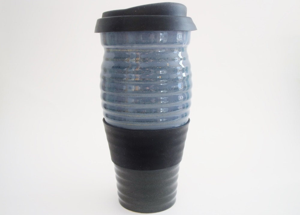 IN STOCK, Black Grey Blue Ribbed Ceramic Travel Mug With Silicone Lid ...