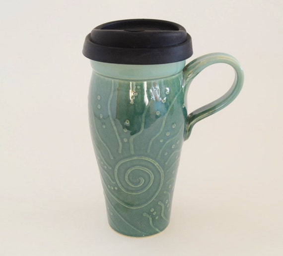 IN STOCK, Ceramic Travel Mug With Handle, Green W/sprial Design