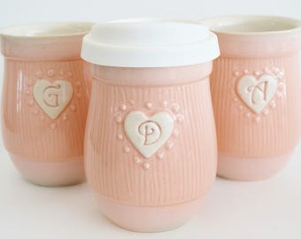 Personalized Ceramic Travel Mug, Small Pink Heart Travel Mug with Lid, Christams Mug for Her, Made to Order, Valentine's Day Gift