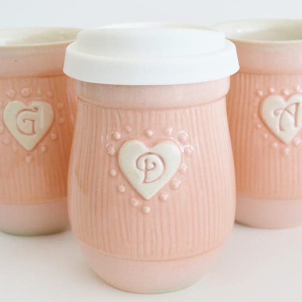 Personalized Ceramic Travel Mug, Small Pink Heart Travel Mug with Lid, Christams Mug for Her, Made to Order, Valentine's Day Gift