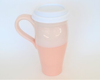 Valentine's Day Gift, Large Pink Ceramic Travel Mug with Handle and Silicone Lid, Stoneware Pottery To Go Mug 24oz, Gift for Her