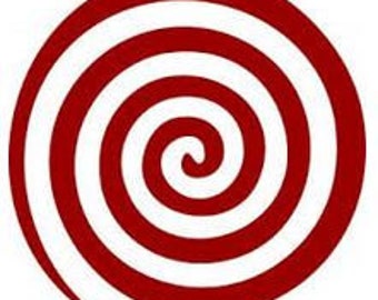 Puede incluir: Un diseño en espiral rojo y blanco sobre un fondo blanco. La espiral está compuesta por bandas rojas y blancas alternas, creando un patrón visualmente llamativo. El diseño está centrado y ocupa la mayor parte de la imagen.