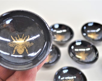 Black Miniature Bowl with Golden Bee, Single Tiny Hand Thrown Bowl, Little Stoneware Pottery, Handmade USA, IN STOCK, 22k Gold Design