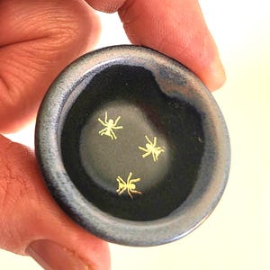 May include: A small, round, dark blue ceramic bowl with a glossy finish. The interior features three small, gold-colored spider designs. The bowl's rim has a lighter blue and brown color variation. The bowl is held in a person's hand.
