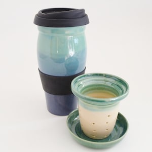 IN STOCK, Ceramic Travel Mug Blue Green with Lid and Infuser, 24oz Stoneware Loose Tea Mug, To Go Tea Mug, Tea Gift Set with Infuser