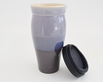 IN STOCK, Travel Coffee Mug Purple Grey with Silicone Lid and Sleeve, Large Travel Tea Mug, 24 oz Stoneware Coffee Mug, Reusable Coffee Mug
