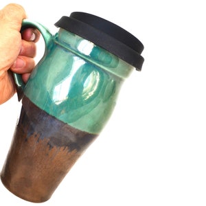Handmade Green Bronze Pottery Travel Mug with Silicone Lid (16 oz)