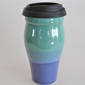 Medium Blue Green Ceramic Travel Mug with Silicone Lid and Sleeve, To Go Mug, Handmade Stoneware Pottery Mug, Reuse Eco Mug Gift, 16 oz