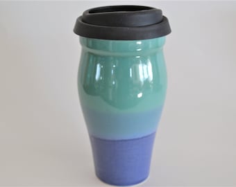 Medium Blue Green Ceramic Travel Mug with Silicone Lid and Sleeve, To Go Mug, Handmade Stoneware Pottery Mug, Reuse Eco Mug Gift, 16 oz