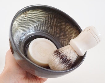 IN STOCK, Ceramic Shaving Cup, Hand Thrown Black Shaving Dish, Stoneware Textured Wet Shaving Bowl, Valentines Day Gift for Him