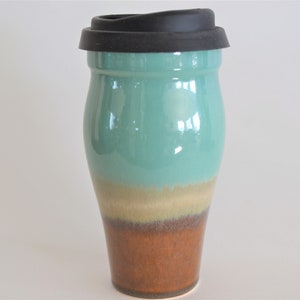 Handmade Ceramic Travel Mug with Lid and Sleeve, 16 oz Brown Green Commuter Mug, Stoneware Pottery Mug, Silicone Sippy Lid,  In Stock