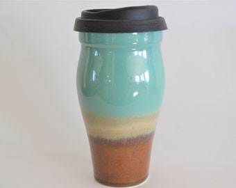 Handmade Ceramic Travel Mug with Lid and Sleeve, 16 oz Brown Green Commuter Mug, Stoneware Pottery Mug, Silicone Sippy Lid,  In Stock