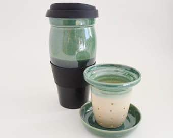 IN STOCK, Ceramic Travel Mug with Lid and Infuser,  24oz Stoneware Loose Tea Mug, Black Green To Go Mug, Holiday Tea Set Gift