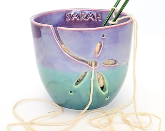 Handmade Ceramic Yarn Bowl: Purple Green Stoneware Knitting Organizer