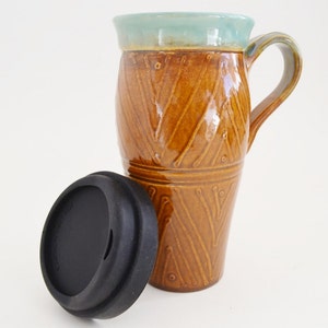 Handmade Pottery Travel Mug with Handle and Lid, Large Stoneware To Go Mug, Brown with Green, To Go Mug, Ceramic Travel Coffee and Tea Mug