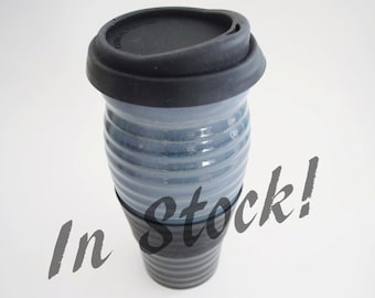 IN STOCK, Black Grey Blue Ribbed Ceramic Travel Mug with Silicone Lid and Sleeve, Large To Go Coffee Mug,Eco Tea Mug withe Reusable Lid