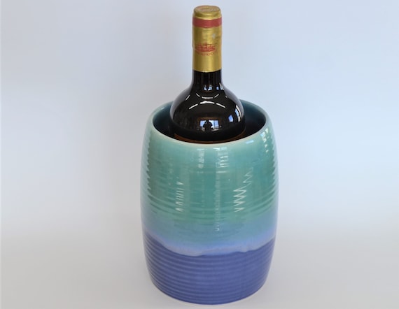 青色装飾の陶器製バケツ Large Blue Green Utensil Holder, Handmade Stoneware Pottery
