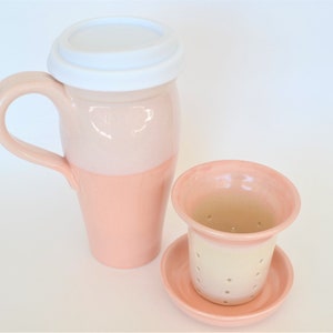 Ceramic Pink Travel Mug with Handle and Tea Infuser, Large 24 oz Ceramic Loose Tea Mug,Tea Strainer with Matching Tea Mug, Mug for Mom