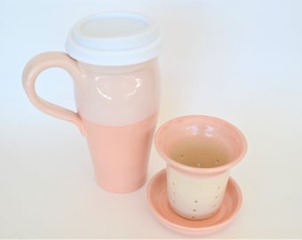 Mother's Day Ceramic Pink Travel Mug with Handle and Tea Infuser, Large 24 oz Ceramic Loose Tea Mug,Tea Strainer with Matching Tea Mug