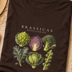 Può includere: Una t-shirt marrone scuro con un'illustrazione botanica di varie verdure brassicacee, tra cui romanesco, cavolo rosso, broccoli, cavolo riccio, cavolo e cavolini di Bruxelles, con il testo BRASSICAS BRASSICA OLERACEA stampato sopra.