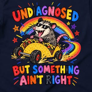 Könnte beinhalten: Ein dunkelblaues Kurzarm-T-Shirt mit einer Grafik eines Opossums, das eine Sonnenbrille trägt und ein taco-förmiges Auto fährt. Über dem Opossum befindet sich ein Regenbogen und der Text "UNDIAGNOSED" sowie darunter "BUT SOMETHING AIN'T RIGHT".