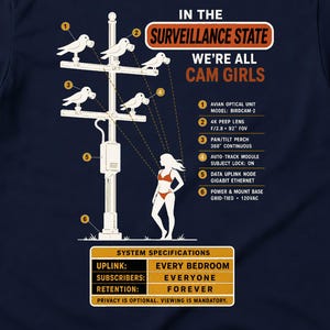 Może przedstawiać: Granatowy t-shirt z nadrukiem graficznym zawierającym tekst IN THE SURVEILLANCE STATE WE'RE ALL CAM GIRLS. Wzór przedstawia słup energetyczny z ptakami, sylwetkę osoby oraz specyfikacje techniczne oznaczone numerami od 1 do 6.