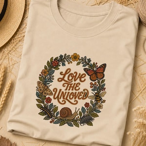 Può includere: Una t-shirt beige a girocollo con una grafica a corona botanica circolare. La corona contiene una farfalla, un'ape, una lumaca, una coccinella e un bruco. Il testo "Love THE UNLOVED" è stampato in un carattere marrone al centro della corona.