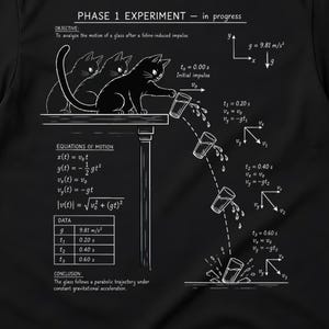 May include: A black t-shirt featuring a white graphic print of a physics experiment titled PHASE 1 EXPERIMENT - in progress. The design shows a cat pushing a glass off a table, accompanied by equations of motion, data tables, and vector diagrams.