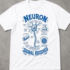 Può includere: Una t-shirt bianca a maniche corte con una stampa grafica blu di un diagramma di un neurone. Il design include il testo NEURON in alto e SIGNAL RECEIVED in basso, con etichette per dendriti, corpo cellulare, nucleo, guaina mielinica e sinapsi.