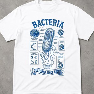 Puede incluir: Una camiseta blanca de manga corta con un estampado gráfico azul de un diagrama científico de bacterias. El diseño incluye etiquetas para partes celulares, formas bacterianas y colonias, con el texto "BACTERIA" y "CULTURED SINCE BIRTH" impreso.