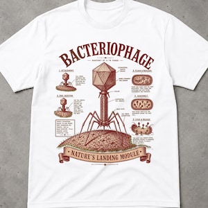Puede incluir: Una camiseta blanca con un diagrama científico detallado de un bacteriófago en tonos rojos y marrones. El gráfico incluye etiquetas para la fijación, inyección de ADN, replicación, ensamblaje y lisis, con el texto "BACTERIOPHAGE" y "NATURE'S LANDING MODULE" impreso en una fuente vintage.