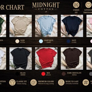 May include: A colour chart for Midnight Cotton t-shirts displaying ten short-sleeve shirts in forest green, sand, light blue, navy, light pink, white, black, red, dark chocolate, and charcoal. Each colour includes a name and hex code label.