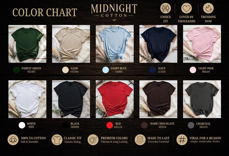 May include: A colour chart for Midnight Cotton t-shirts displaying ten short-sleeve shirts in forest green, sand, light blue, navy, light pink, white, black, red, dark chocolate, and charcoal. Each colour includes a name and hex code label.