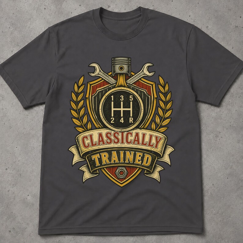 May include: A charcoal grey t-shirt featuring a graphic of a manual transmission gear shift pattern, a piston, and two crossed wrenches inside a shield emblem. Below the emblem, a banner displays the text "CLASSICALLY TRAINED" in bold letters.