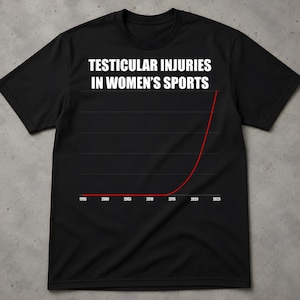 Op de afbeelding: Een zwart t-shirt met korte mouwen en een witte grafiek met de titel TESTICULAR INJURIES IN WOMEN'S SPORTS. De grafiek toont een rode lijn die vlak blijft van 1995 tot 2015 en daarna scherp omhoog buigt richting het jaar 2025.