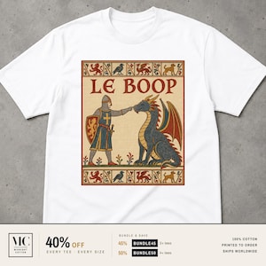 Camiseta Le Boop, camiseta de humor de fantasía medieval, regalo para amantes de los libros y fans de la fantasía, camiseta gráfica divertida de caballero dragón, camiseta con meme de tapiz