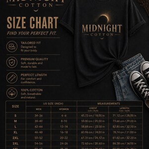 May include: A dark charcoal t-shirt with a gold solar eclipse graphic and the text Midnight Cotton. The image includes a size chart with measurements in centimetres for sizes S through 5XL, detailing chest and length dimensions for a tailored fit.