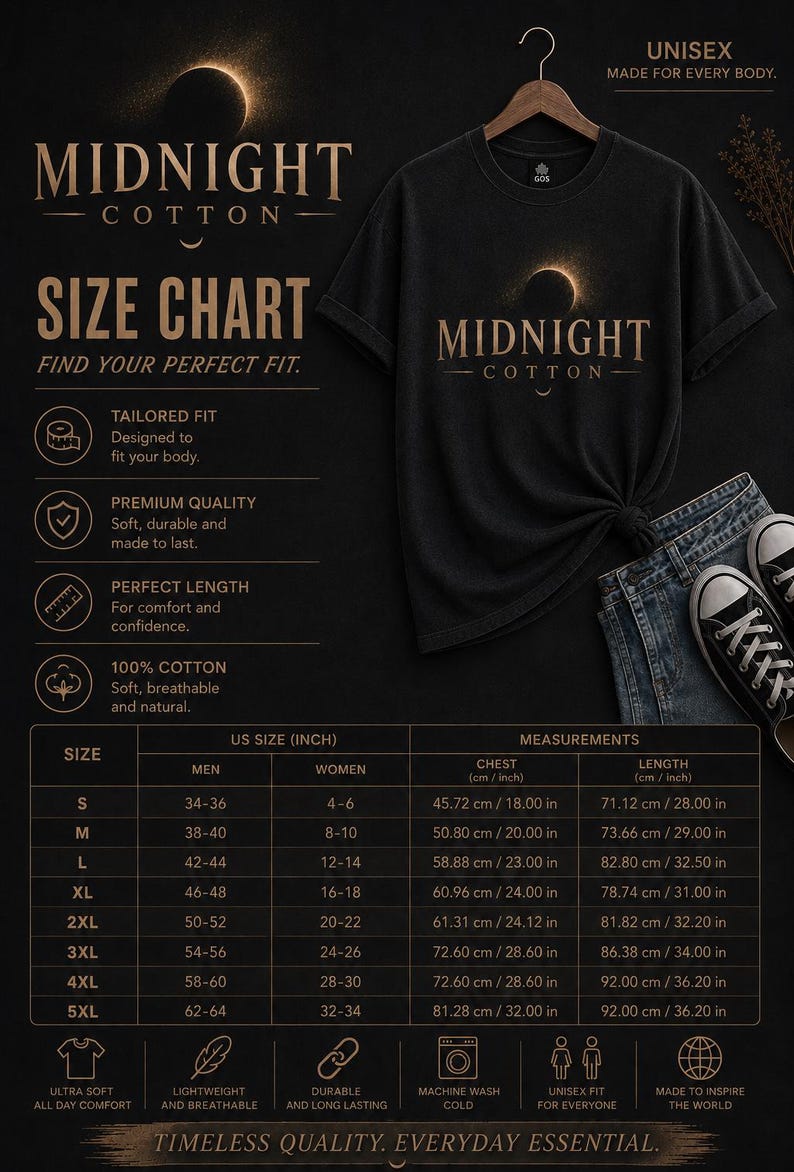 May include: A dark charcoal t-shirt with a gold solar eclipse graphic and the text Midnight Cotton. The image includes a size chart with measurements in centimetres for sizes S through 5XL, detailing chest and length dimensions for a tailored fit.