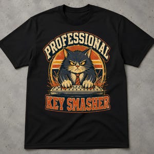 Professional Key Smasher Shirt, Funny Angry Programmer Cat Tee, Rage Typing IT Support Gift Tshirt, Sarcastic Coworker Christmas Gift
