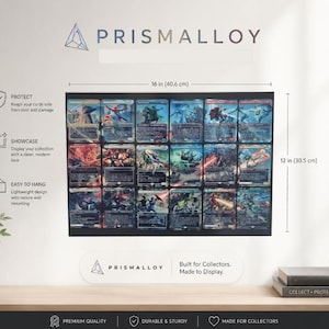May include: A rectangular black display board for trading cards featuring the Prismalloy logo and text. It measures 16 inches by 12 inches and holds fifteen cards in a grid. The board includes icons for protection, showcasing, and wall mounting.