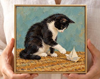 Tuxedo Cat and Paper Boat Oil Painting, 8x8 Inch Framed Art, Textured Animal Wall Decor, Colorful Small Square Artwork, Gift for Home