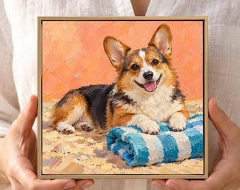 Corgi with Blue Beach Towel Oil Painting, 8x8 Inch Framed Art, Textured Animal Wall Decor, Colorful Small Square Artwork, Gift for Home
