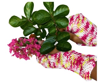 Mittens, hand warmers, fingerless mittens, Pink, green and white Soft Fingerless Mittens-Hand Knit, pink mittens, green mittens