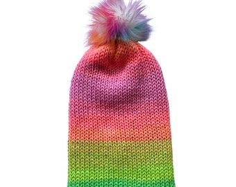 Knitted Rainbow Beanie | Knit slouchy hat | TikTok Beanie| Retro Rainbow | Colorful Knit Hat | Retro striped TikTok Beanie