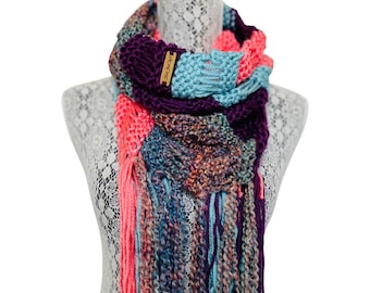 Infinity scarf, cowl scarf, circle scarf, fringe scarf, peach, blue and purple scarf with fringe, gifts for her, birthday gift