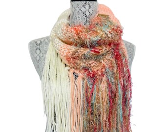 Infinity scarf, cowl scarf, circle scarf, fringe scarf, peach and cream scarf with multicolored fibers, women’s gift,
